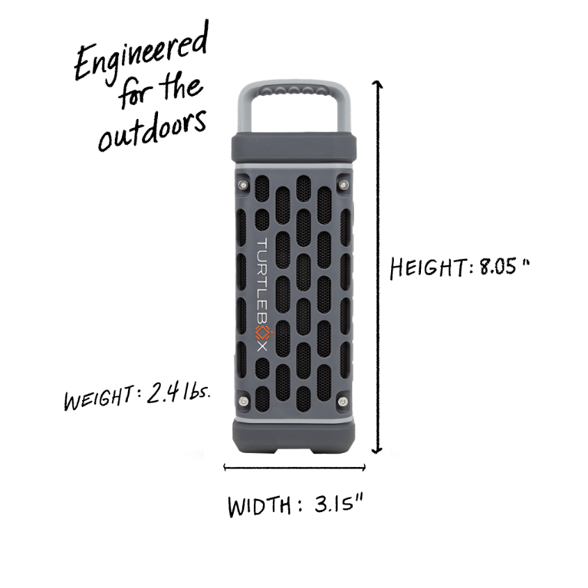 turtlebox speaker engineered for the outdoors 2.4 lbs 3.15 inches by 8.05 inches